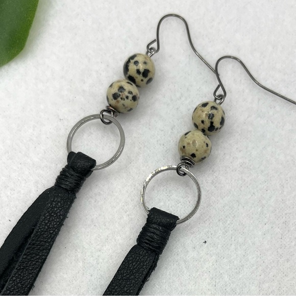 Bohemian Natural Dalmatian  Beaded earrings & leather Fringe long Earrings - Picture 3 of 4